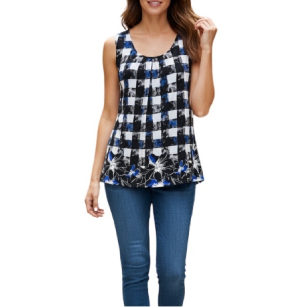 RICKIS Sleeveless Box Pleated Blouse Marble Black White Blue Checkered Size M